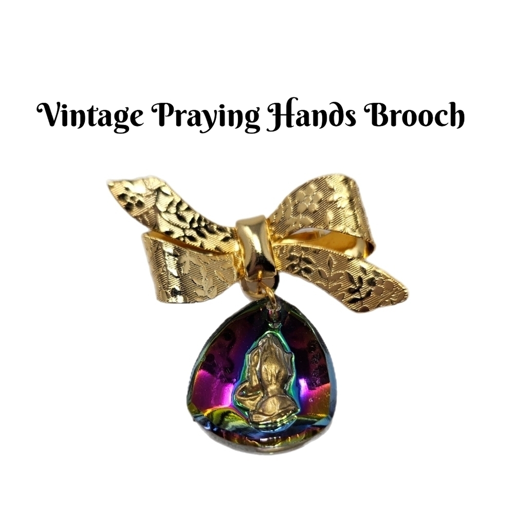 Vintage Iridescence Intaglio Praying Hands Brooch Pin Gold Tone